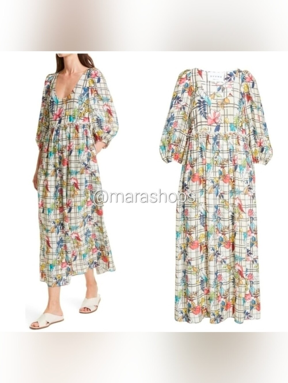 DYVNA Floral Windowpane Balloon Sleeve Silk Blend Dress